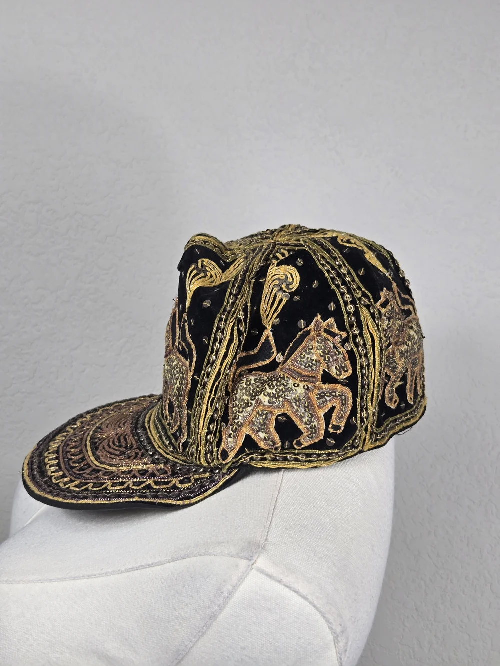 Vintage 80s Thai Velvet Embroidered Sequin Horse Equestrian Artisan Baseball Cap